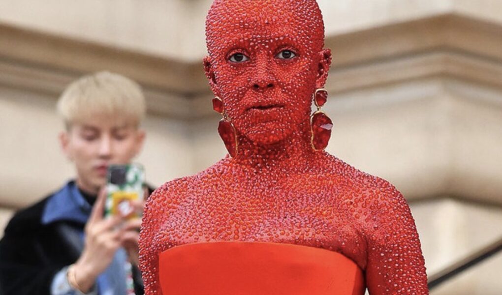 Doja Cat Sparkles in Schiaparelli at Paris Haute Couture Week in Full Red Body Paint and 30,000 Crystals