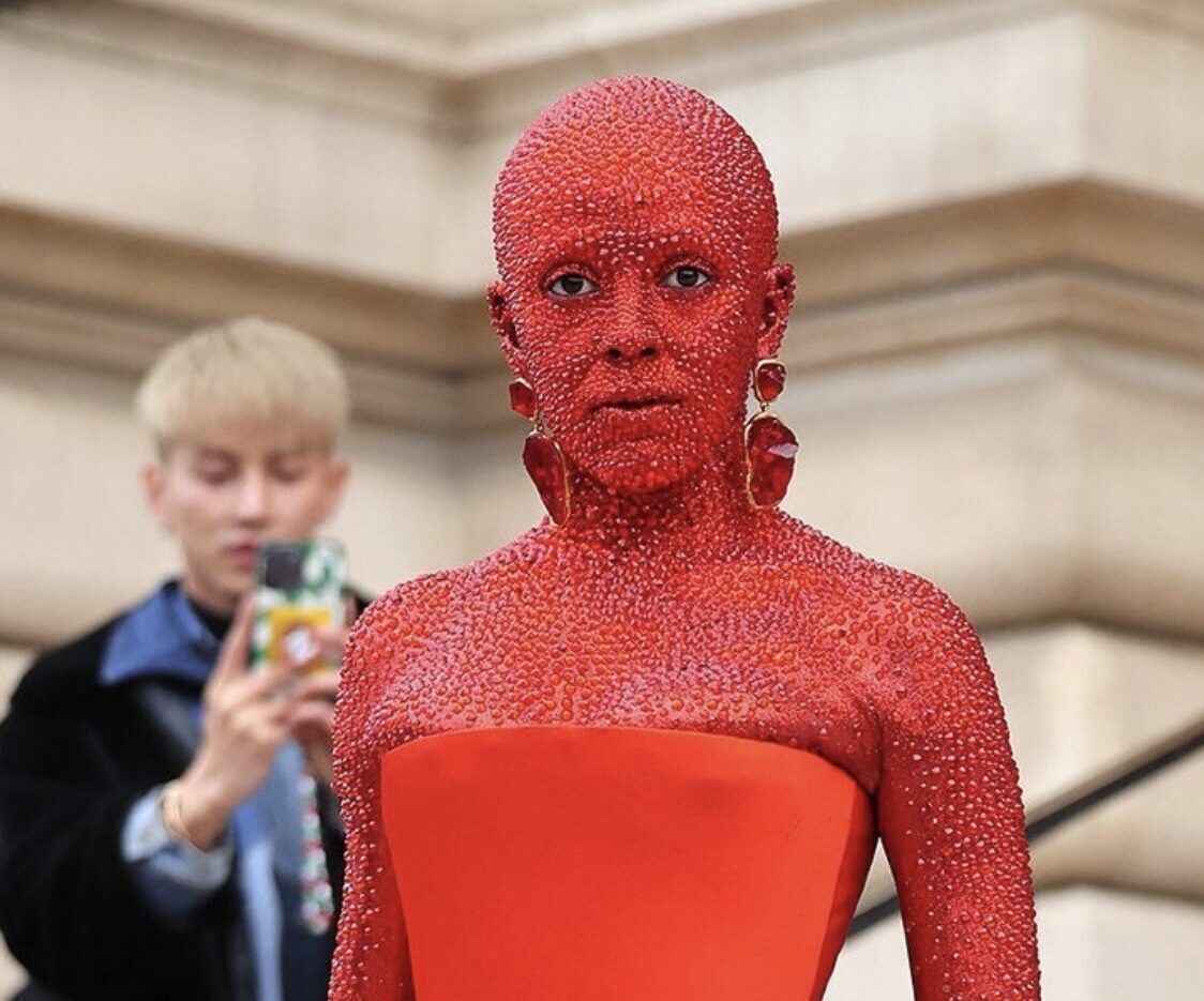 Doja Cat Sparkles in Schiaparelli at Paris Haute Couture Week in Full Red Body Paint and 30,000 Crystals